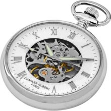Charles Hubert Mechanical Pocket Watch Silver Open Face W/ White Dial Gift Box