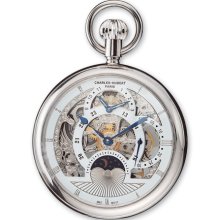 Charles Hubert Stnlss Steel Open Face Skeleton Dual Time Pocket Watch XWA3329