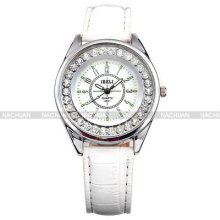 Charm Silver Case Crystal Lady Women Girl Analog Quartz White Leather Watch Gift