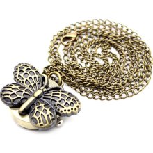 Charming Butterfly Bronze Alloy Pocket Watch with Necklace Chain