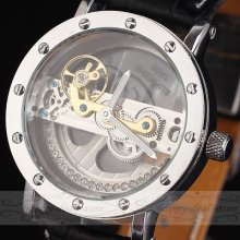Class Steampunk Golden Bridge Design Auto Mechanical Men Wrist Watch Leather