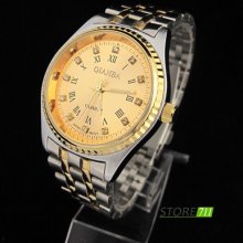 Classical Couple Style Analog Roman Num 2-tone Steel Wrist Quartz Watch Men