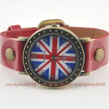 Classical Uk British Flag Face Leather Band Unisex Mens Woman Quartz Wrist Watch