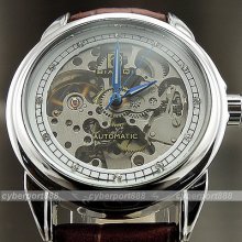 Clock Hours Dial Silver Mechanical Automatic Leather Unisex Wrist Watch Wg027