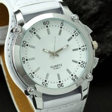 Cool Man's Oversized Big Round Dialwhite Pu Leather Watch Strap Steel Case