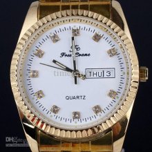 Crystal Embed White Dial Stainless Steel Strap Men's Gold Watch Stl