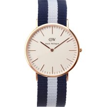 Daniel Wellington Mens Glasgow Classic Analog Stainless Watch - Blue with White Stripe Nylon Strap - White Dial - 0104DW