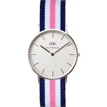 Daniel Wellington Womens Southampton Classic Analog Stainless Watch - Pink White and Blue Nylon Strap - White Dial - 0605DW