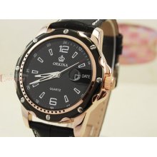 Date/day Business Mens Rose Gold Quartz Wrist Watch Genuine Leather Black