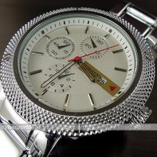 Dial Water Quartz Hours Date Silver Hand White Men Steel Wrist Watch Wg194