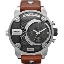 Diesel Mens SBA Little Daddy Multifunction Stainless Watch - Brown Leather Strap - Black Dial - DZ7264