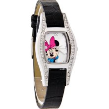 Disney Minnie Mouse Crystal Ladies Pink Bow Dial Black Leather Watch MCK352