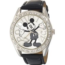 Disney Unisex Mickey Mouse Silver Dial Black Crocodile Strap Watch Quartz