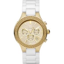 Dkny Ladies Oversized White Ceramic Gold Tone Glitz Chronograph Watch Ny8260