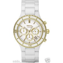 Dkny Women's Ceramic Chrono Watch Ny8194 White Dial Gold Accent In Box