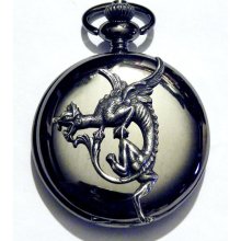 Dragon Black Pocket Watch Steampunk Silver Gothic Necklace or Chain Fob