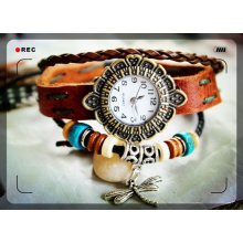 dragonfly spring charm bracelet watch, vintage wrist watch, leather watch,men wrist watch,unique wrist watch,handmade wrist watch,ethical wr