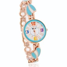 E-LY Round Dial Analog Watch with Leaf Design Bracelet (Blue)