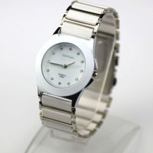 Elegant Ordinary Ceramic & Steel Band Womens Mens White Black Gold Wrist Watch