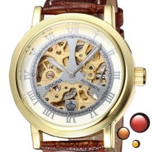 Elegant Orkina Mens Mechanical Wrist Watches Skeleton Self-wind Gold Case Watch