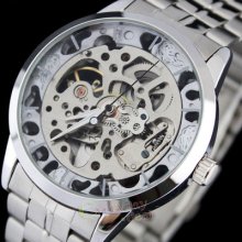 Elegant Silver Skull Skeleton Mens Stainless Steel Mechanical Automatic Watch Us