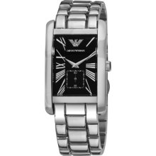Emporio Armani Gents Rectangular Case With A Black Dial, Stainless Steel Bracelet Watch