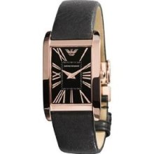 Emporio Armani Women's Black Leather Rose Gold Dial Super Slim Watch Ar2035
