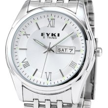 Eyki Classic Mens White Stainless Steel Rome Dial Date Quartz Analog Wrist Watch