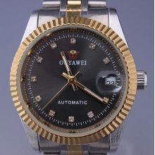 Fashion Crystal Plated Black Dial Date Display Mens Mechanical Wrist Gift Watch