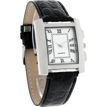 Fashion Quartz Mens 38mm Roman # White Dial Silver Tone Black Leather Band Watch