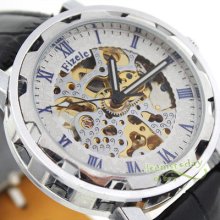 Fashion Skeleton White Wrist Watch Leather Automatic Mens Mechanical Xmas Gift