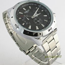 Fashion Style Black Dial Classic Analog S/steel Men's Quartz Wrist Watch