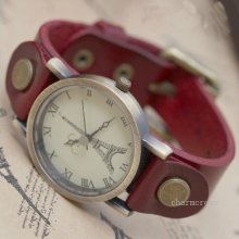 Fashion Vintage Cow Leather Eiffel Tower Roman Numerals Dial Quartz Watch