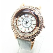Faux Leather Band Crystals Steel Case Watches Womens Quartz Wirstwatches