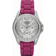Fossil Women's Es2720 Silver Bling Face Bezel Fuchsia Silicone Band Watch
