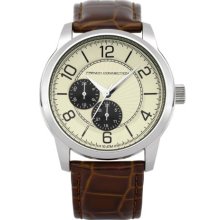French Connection Men's Quartz Watch With Beige Dial Chronograph Display And Brown Leather Strap Fc1110st