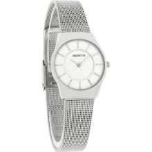 Geneva Ladies White Dial Stainless Steel Mesh Bracelet Dress Quartz Watch