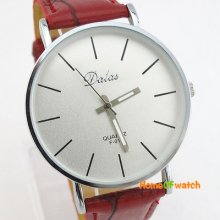 Gentle Mens Classic Simple Analog Clock Red Leather Strap Wrist Quartz Watch