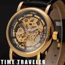 Golden Automatic Mechanical Skeleton Mens Wrist Watch