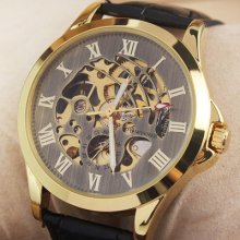 Golden Case Number Rare Design Mens Automatic Wrist Watch Skeleton Gift