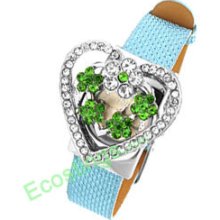 Good Jewelry Green Rhinestone Heart Watchcase Blue Leather Band Ladies Watch