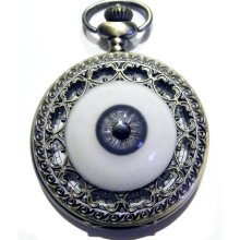 Gothic Blue Glass Eye Steampunk Pocket Watch Necklace or Chain Fob Large