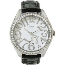 Guess U95096l1 Ladies Black Leather Quartz Watch With White Dial