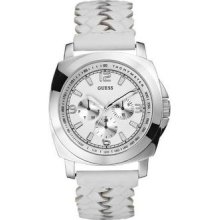 Guess Unisex Multifunction White Dial Stainless Steel Case Braided Leather Watch