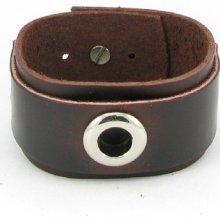 H579 Real Brown Leather Simple Steel O-ring Punk Rock Wristband Men/women