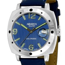 Helbros Mens Colorama Silver Tone Blue Leather Strap/Blue Calendar Dial Watch - Blue - Stainless Steel