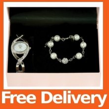 Henley Ladies Mop Effect Dial Diamante Crystals Wrist Watch + Pearl Bracelet Set