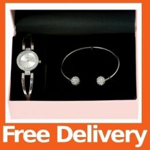 Henley Ladies Round Polished Crystals Watch + Diamante Balls Bangle Bracelet