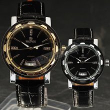 Hot Men Luxury Shining Auto-mechanical Calendar Hour Leather Analog Wrist Watch