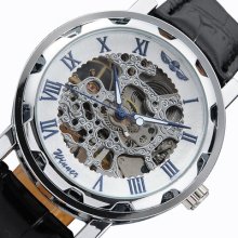 Hot Sale Mechanical Analog Skeleton Mens Sport Leather Clock Wrist Watch Cnp